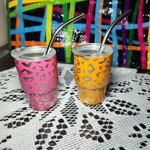 Set of 2 Mini Leopard Print Cups w/ Lids & Metal Straws  3” Tumblers Orange Pink